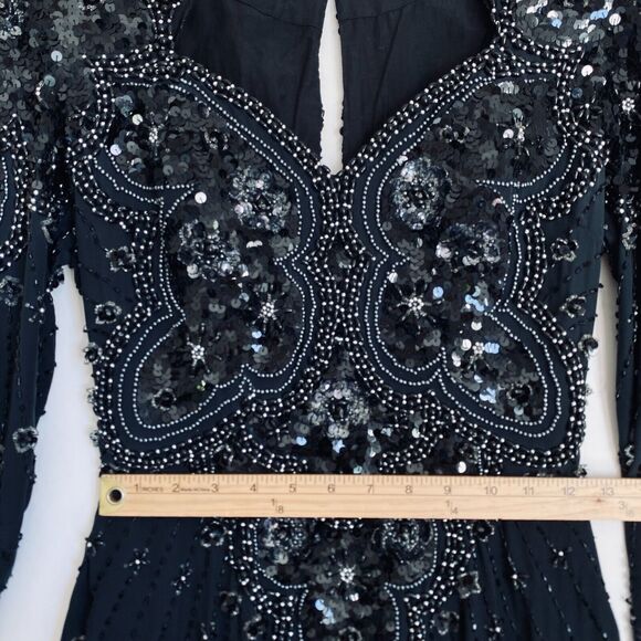 Vintage Demetrios Design Maxi Dress S Black Silk Beaded Burleskque Fairy Glam - Picture 4 of 12